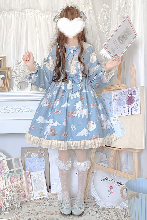 Doll Collar Lantern Sleeves Cute Sheep Print Sweet Lolita OP Dress