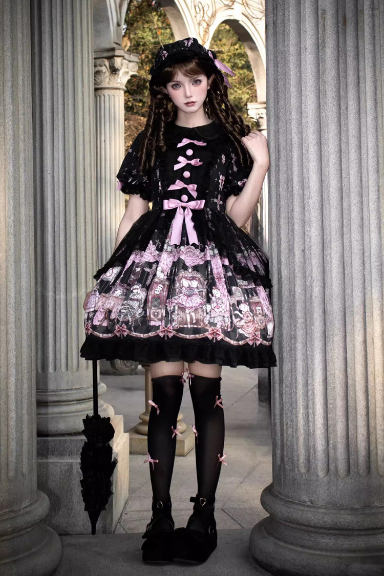 Black The Case of the Missing Lamb Print Long Sleeves Ruffle Bowknot Lace Gothic Lolita Dress