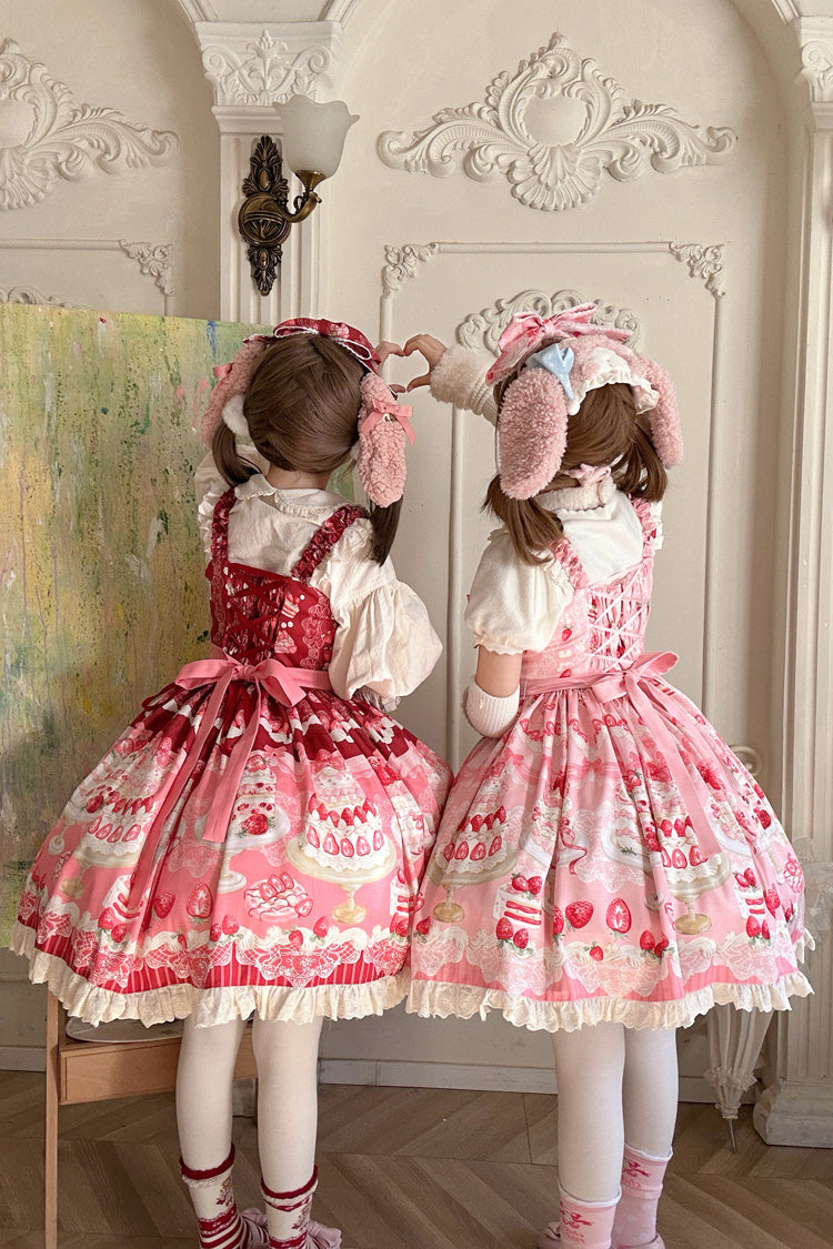 Pink Strawberry Cake Printed Ruffled Bow Daily Sweet Lolita Jsk Dress