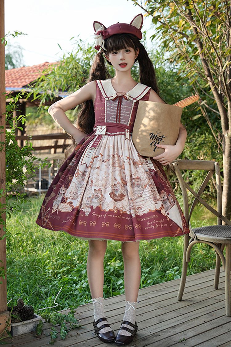 Wine Red Fox Band Print Square Collar Bowknot Classic Lolita Jumper Dress