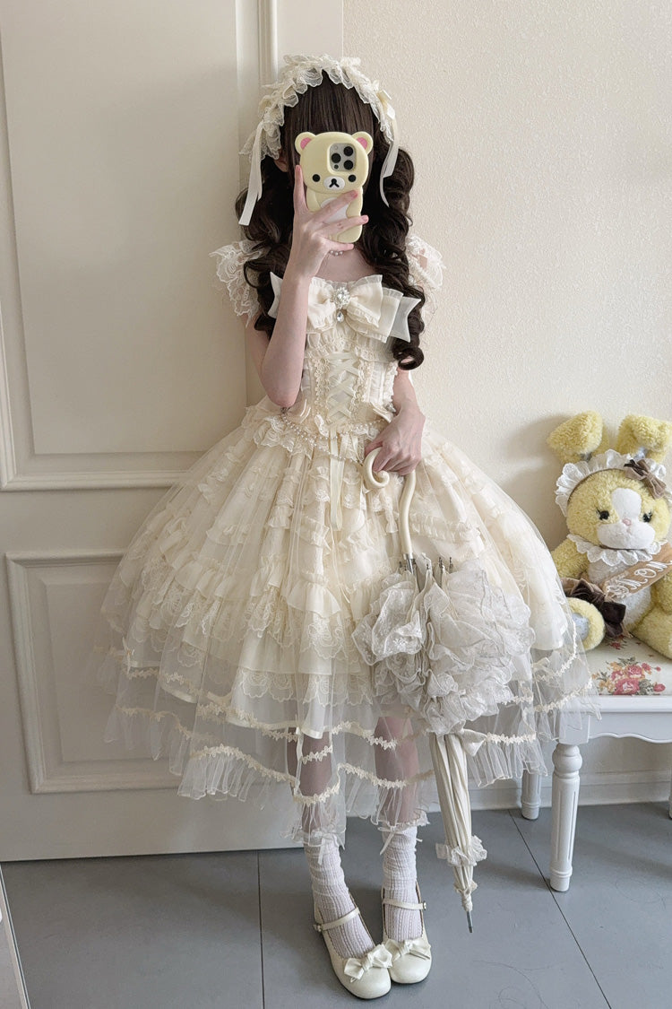 Apricot Eternal Vow Sleeveless Multi-Layered Ruffle Hanayome Bowknot Lace Lace-Up Sweet Lolita Jsk Dress