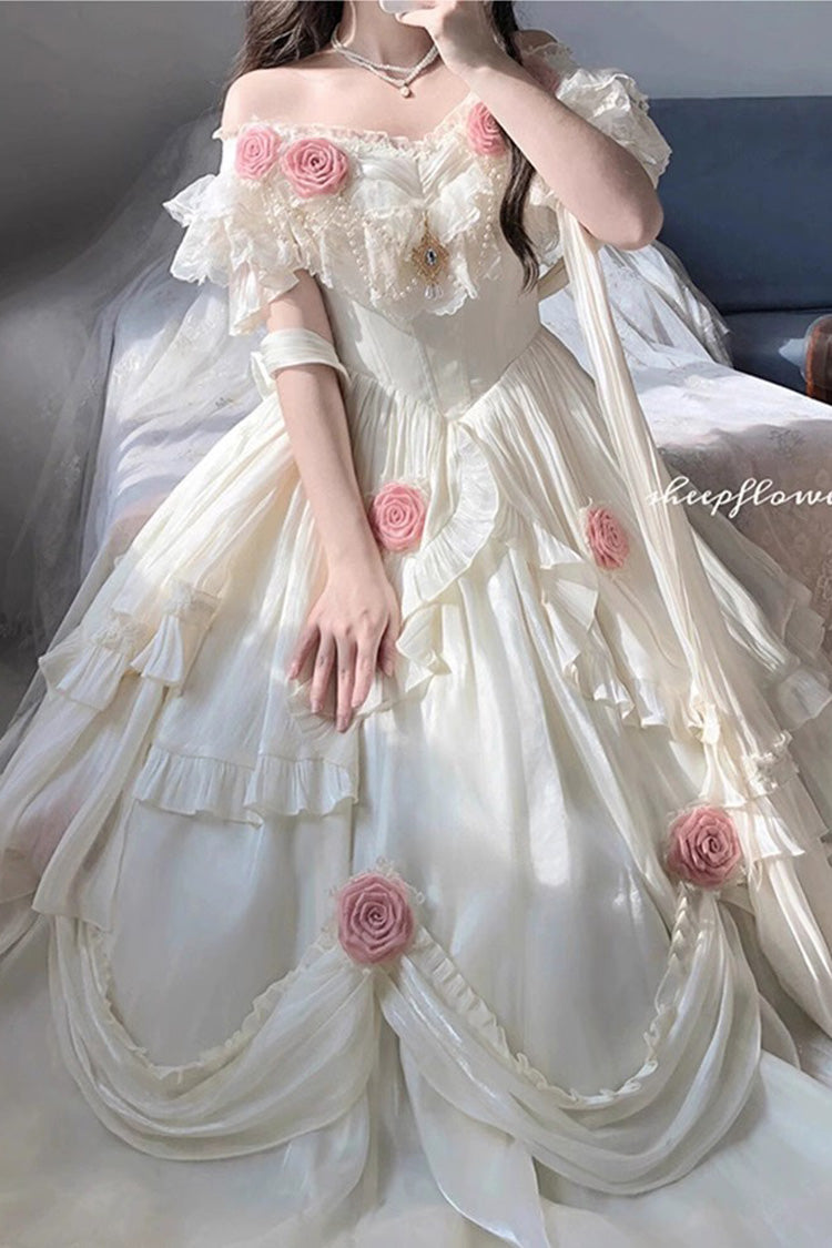 Ivory Tana Manor Rose Flower Long Sleeves Ruffle Bowknot Elegant Sweet Princess Lolita Strapless Dress