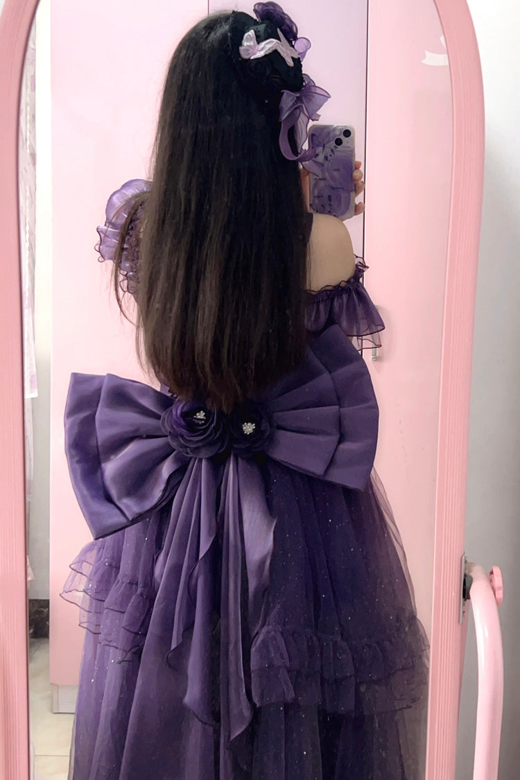 Purple Bright Stars Off Shoulder Ruffle Bowknot Asymmetric Sweet Elegant Princess Lolita Dress