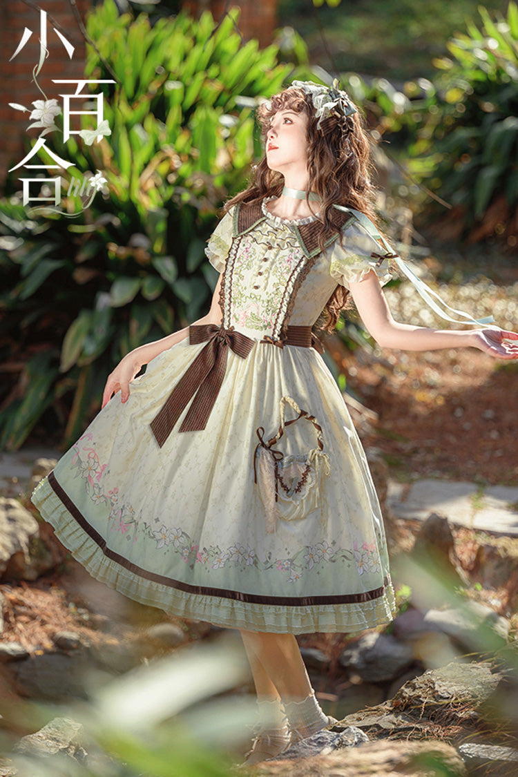 Green/Ivory Lily Short Sleeves Print Ruffle Embroidery Bowknot Lace Sweet Elegant Lolita Dress