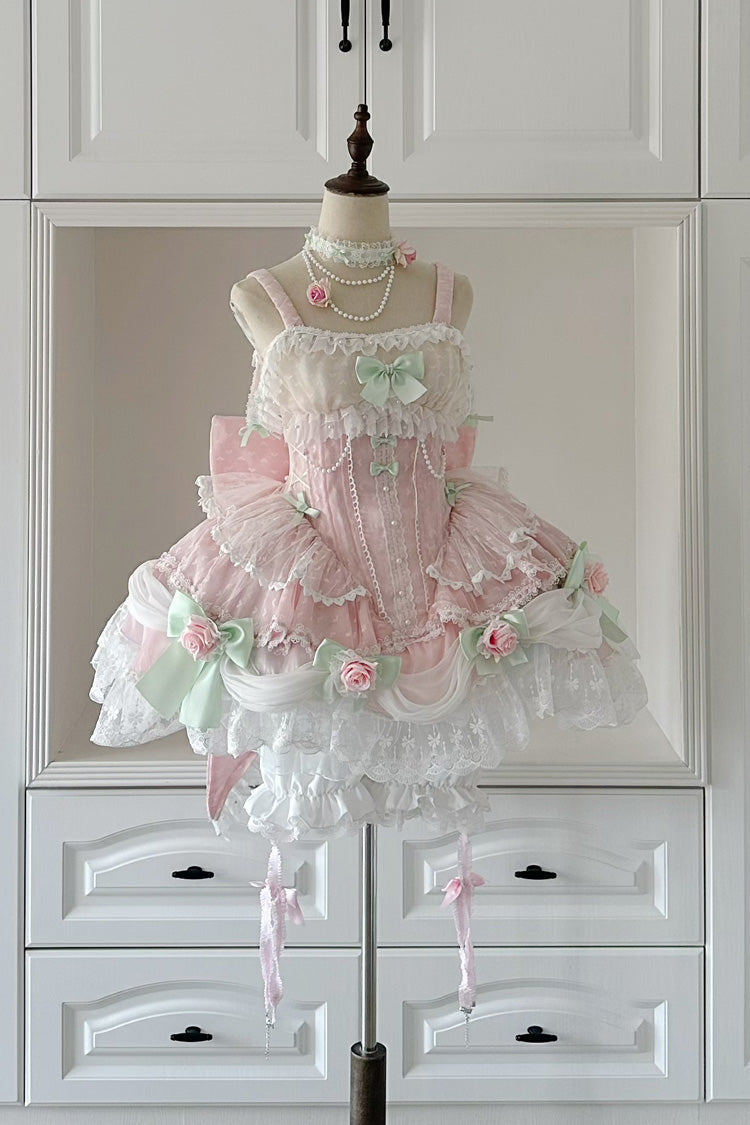 Pink Honey Rose Sleeveless Ruffle Embroidery Bowknot Lace Pearl Sweet Lolita Jsk Dress
