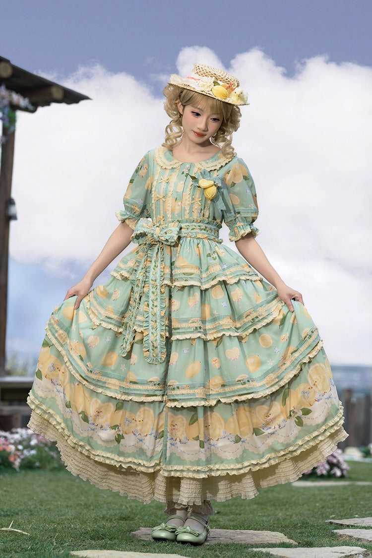 Green Lemon Chicken Short Sleeves Triple-Layered Print Ruffle Bowknot Lace Sweet Gorgeous Lolita Dress
