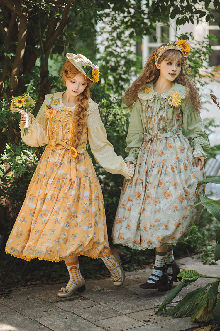 Yellow Gardening Sunflower Sleeveless Print Ruffle Bowknot Sweet Elegant Lolita Jsk Dress