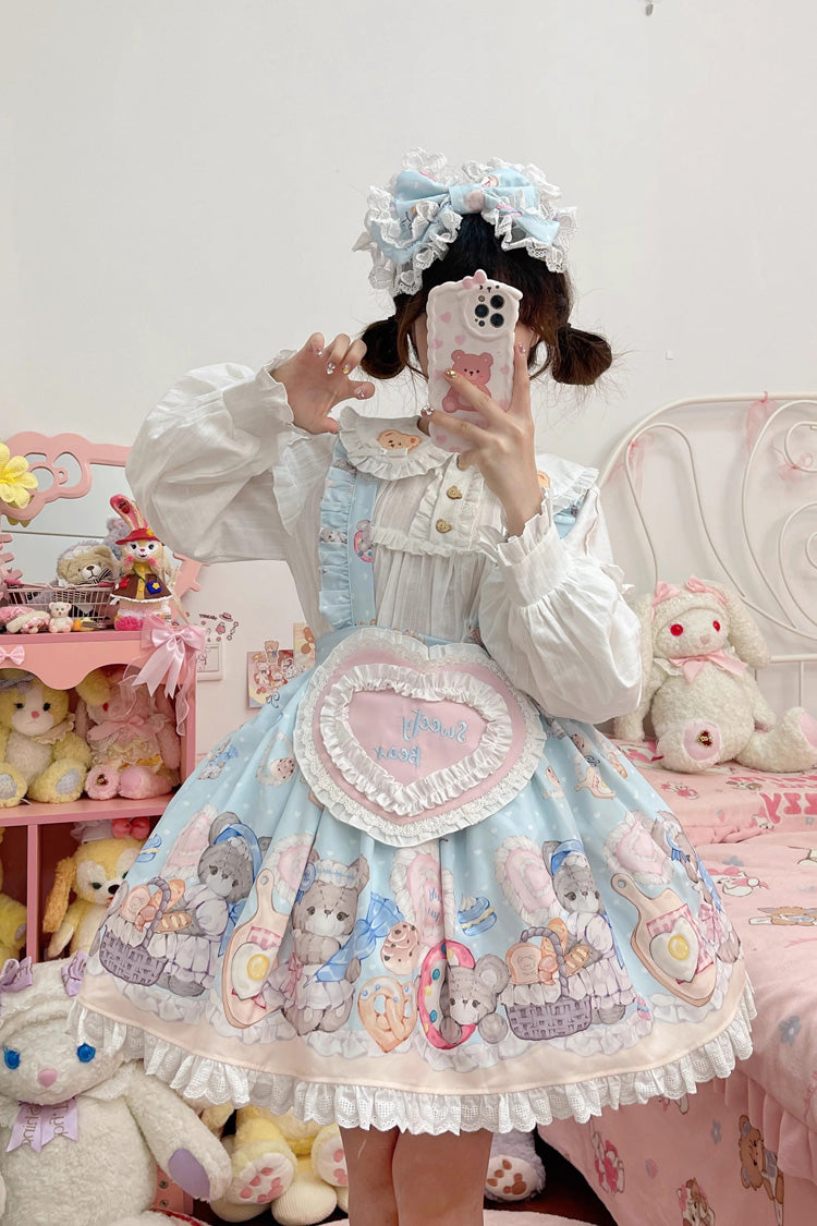 Blue Baked Bear Print Ruffle Sweet Lolita Skirt