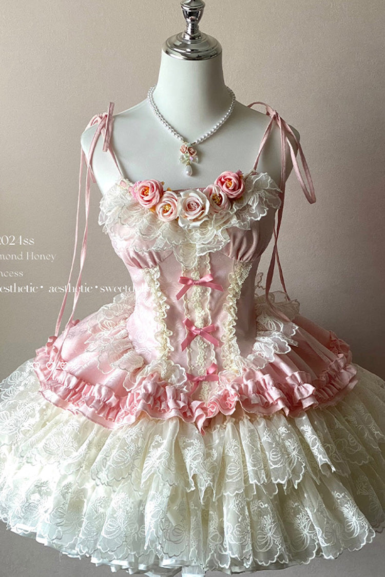 Pink Pure Dream Flower Love Multi-Layered Ruffle Embroidery Bowknot Lace Sweet Lolita Jsk Dress