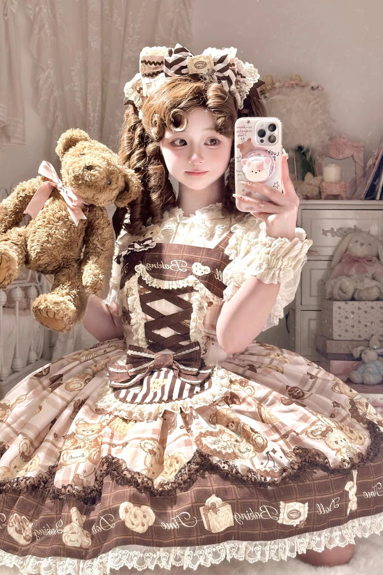 Doll Tea Party Sleeveless Print Ruffle Bowknot Lace-Up Sweet Lolita Jsk Dress 3 Colors