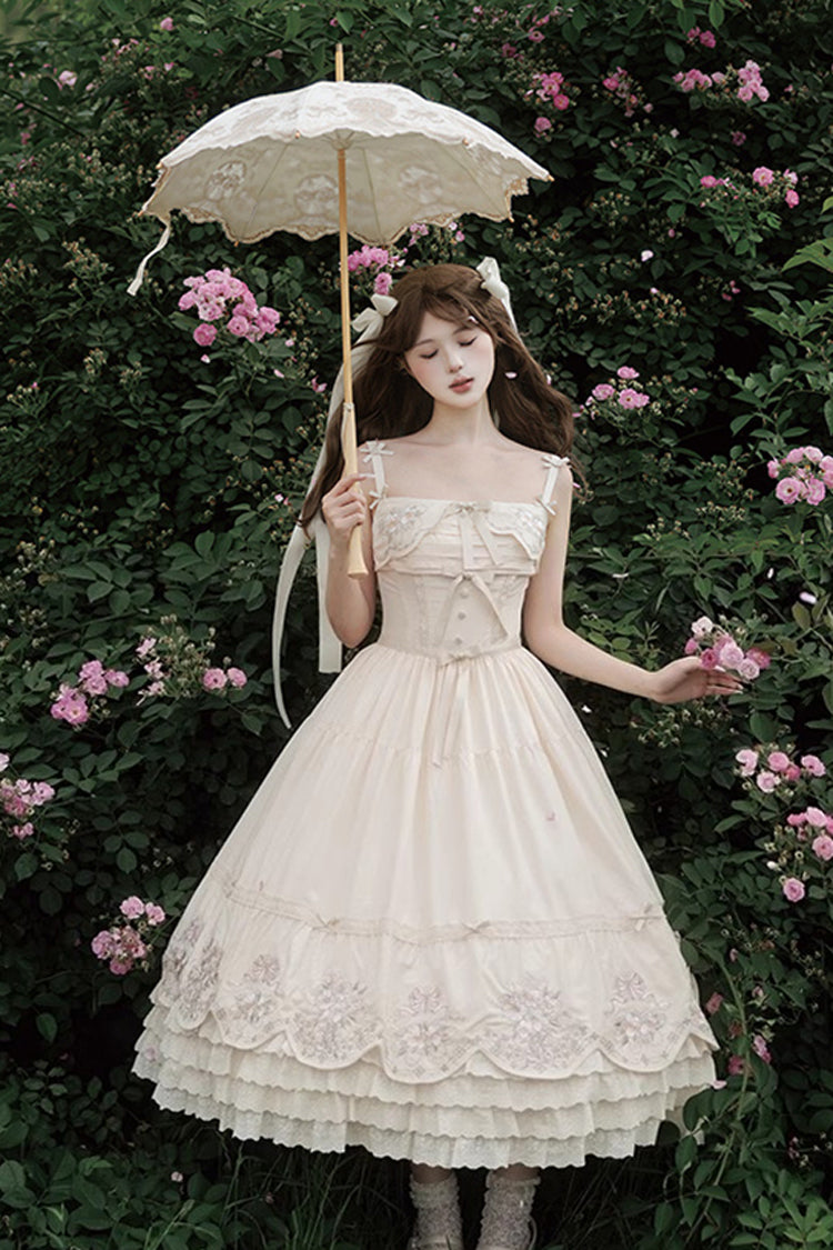 Apricot Fantasy Butterfly Triple-Layered Ruffle Embroidery Bowknot Lace Sweet Princess Lolita Jsk Dress