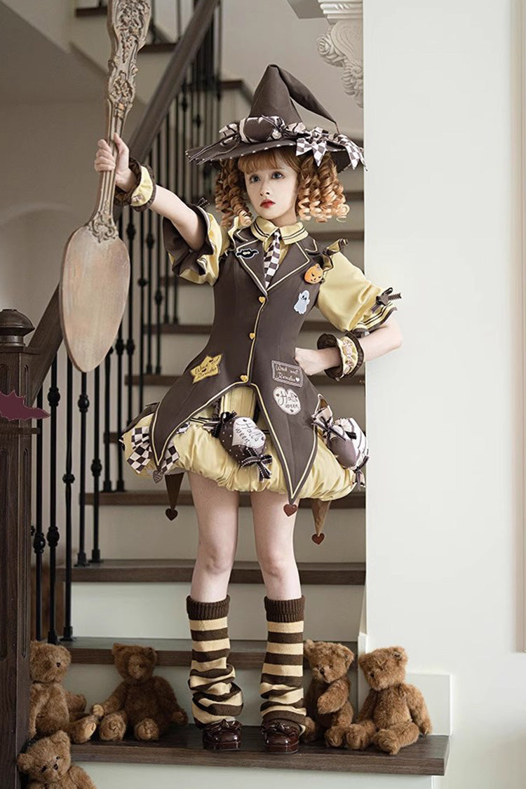 Brown/Yellow Witch and Paradise Short Sleeves Ruffle Bowknot Sweet Japanese Halloween Lolita Dress Vest Set