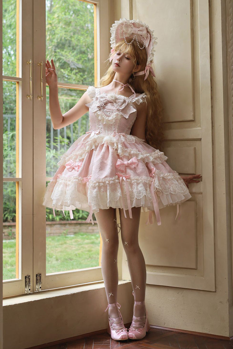 Pink Blossoming Heart Love  Sleeveless Dark Jacquard Print Bowknot Lace Sweet Lolita Jsk Dress
