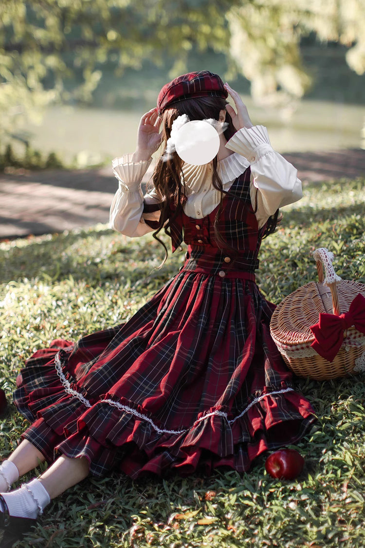Red Little Red Riding Hood Double-Layered Plaid Print Ruffle Bowknot Sweet Vintage Lolita Jumper Dress