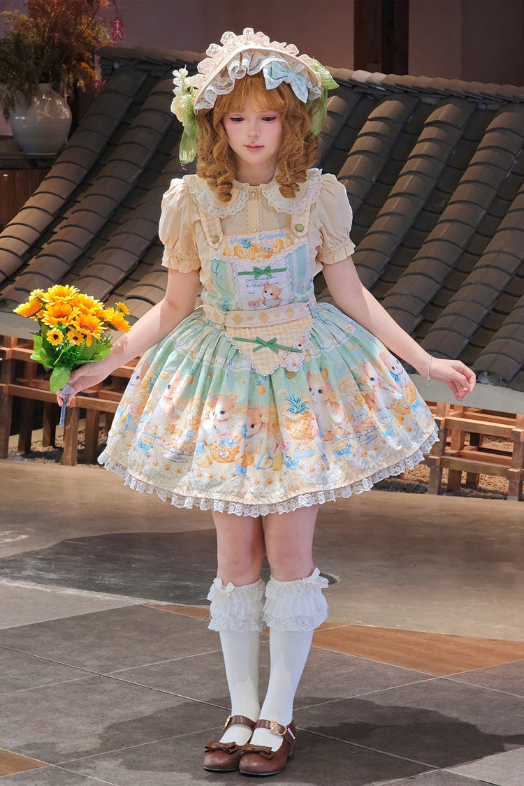 Green Pineapple Cat Print Sleeveless Bowknot Lace Sweet Lolita Strap Dress