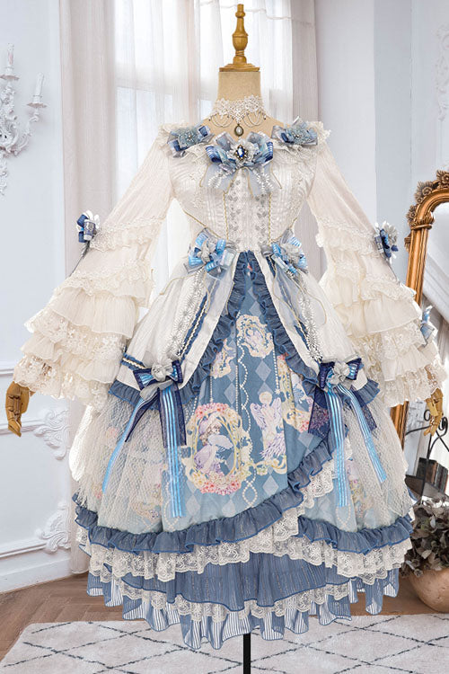 Blue/White Three Dimensional Flower Embroidery Hanayome Long Sleeves Bowknot Multi-Layer Ruffled Sweet Lolita OP Dress