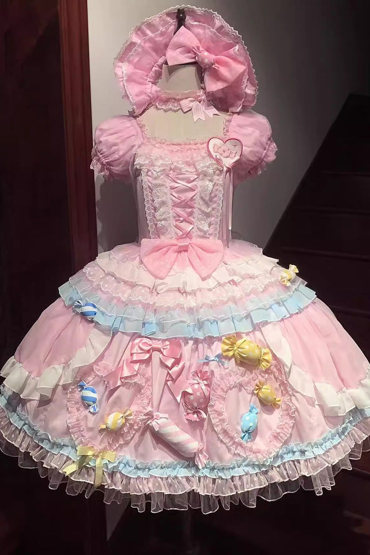 Pink Candy Party Short Sleeves Multi-Layered Ruffled Bow Lace Lace-Up Sweet Lolita Dress