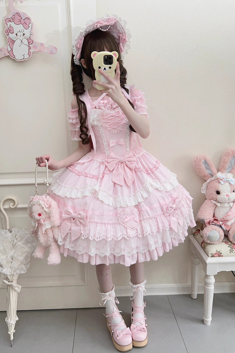 Pink Super Cute Belia Sleeveless Triple-Layered Ruffle Bowknot Lace Sweet Elegant Lolita Jsk Dress