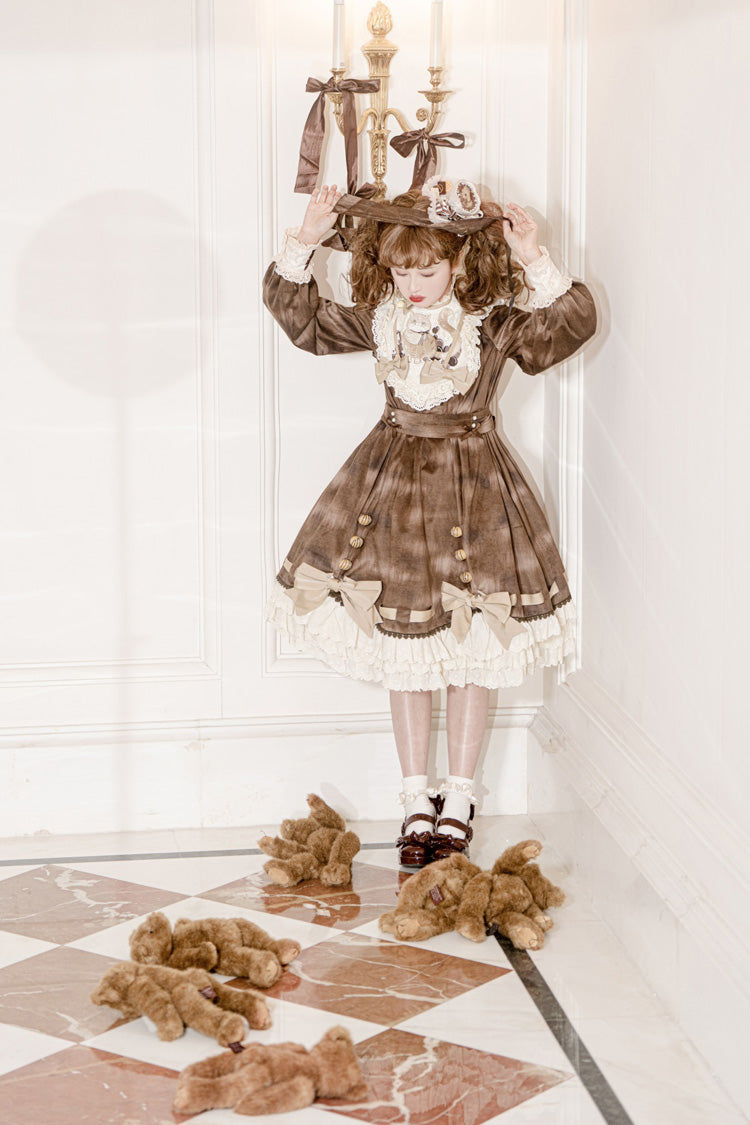 Brown Chocolate Cat Print Long Sleeves Ruffle Bowknot Sweet Lolita Dress