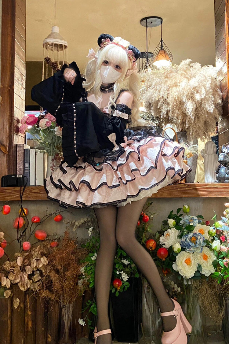 Black/Pink Sleeveless Multi-layer Ruffle Bowknot Lace-Up Gothic Princess Lolita Jsk Dress