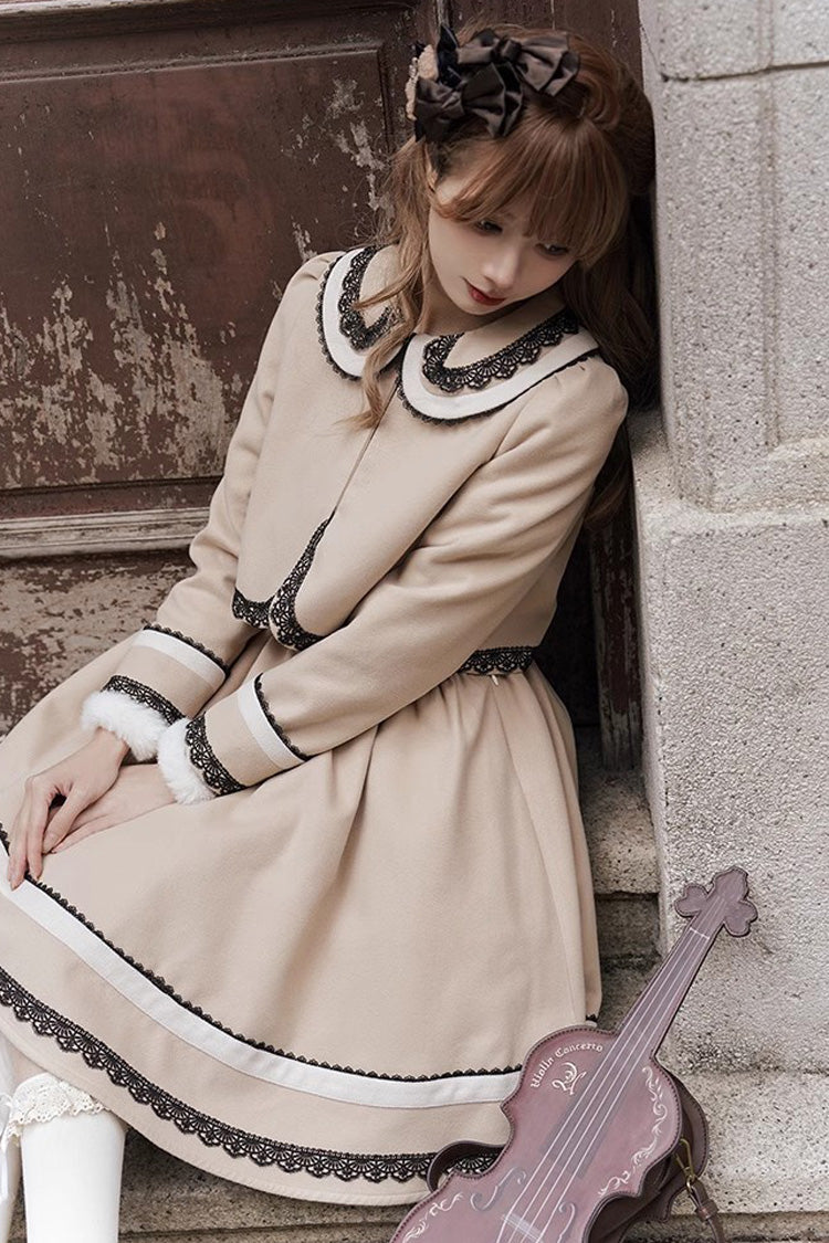 Light Tan Doll Collar Bowknot Autumn Winter Sweet College Style Lolita Dress Two Piece Set