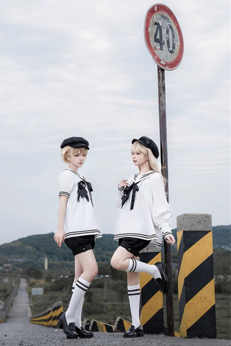 Black/White Old Stories Navy Collar Long Sleeves Bowknot Ouji Gothic Lolita Blouse Shorts Set