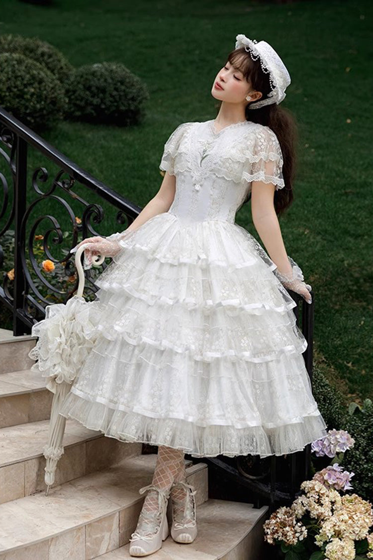 White Morning Dew Lily Short Sleeves Multi-Layered Ruffle Embroidery Sweet Elegant Lolita Dress