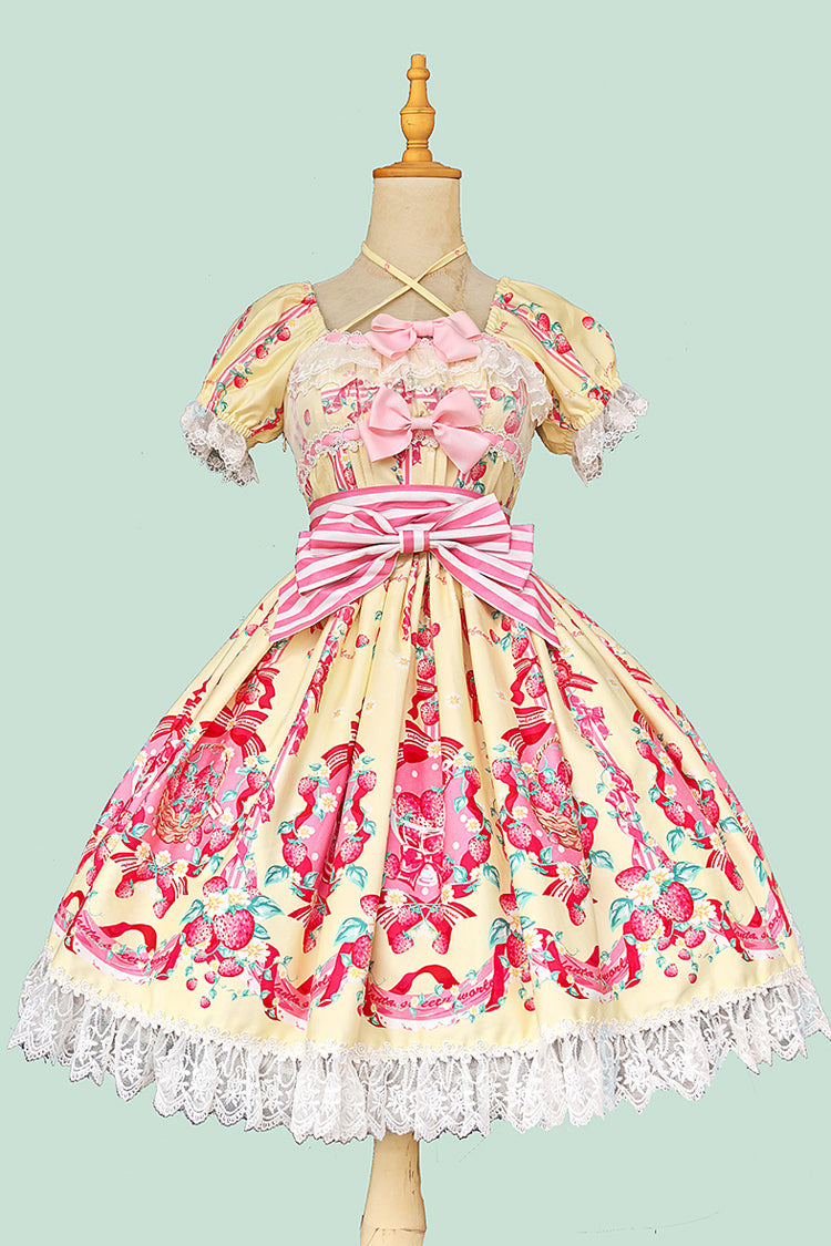 Strawberry Chef Short Sleeves Print Bowknot Lace Sweet Lolita Dress 4 Colors