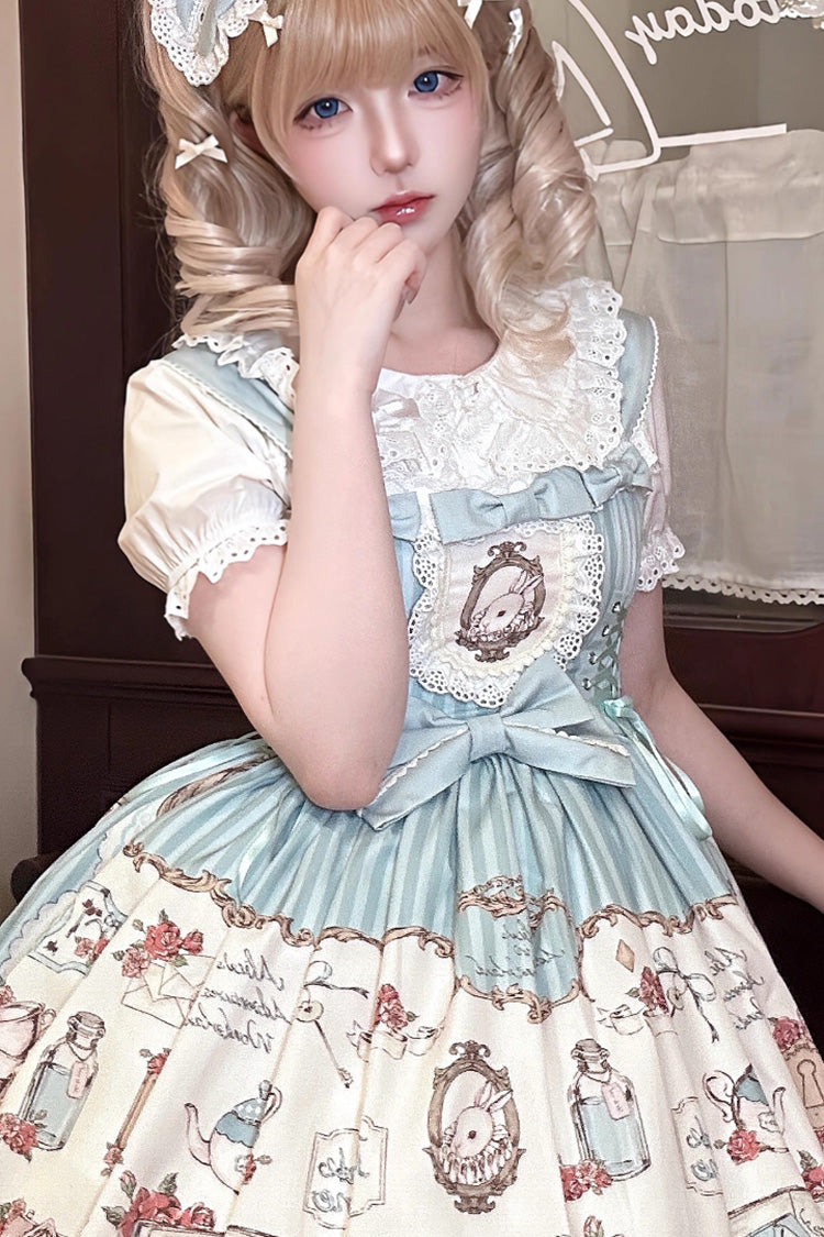 Rabbit's Collection Sleeveless Print Bowknot Lace Sweet Princess Lolita Jsk Dress 3 Colors
