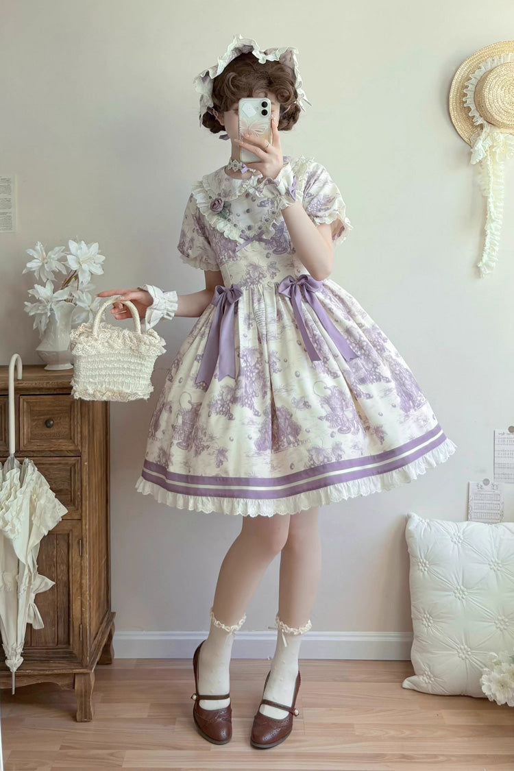 Purple Grape Moon Almanac Short Sleeves Multi-Layered Printed Ruffled Bow Sweet Lolita Dress