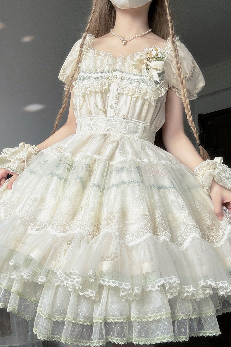 Multi-Color Daisy Poetry Print Ruffle Hollow Embroidery Lace Sweet Elegant Princess Lolita Dress