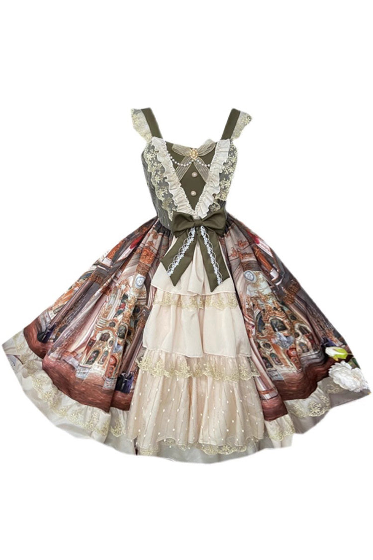 Brown Versailles Palace Oil Painting Print Ruffle Cardigan Bowknot Sweet Elegant Lolita Jsk Dress