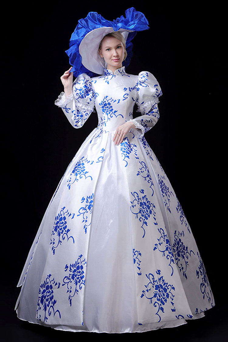 Blue/White Porcelain Printing Stand Collar High Waisted Victorian Lolita Prom Dress