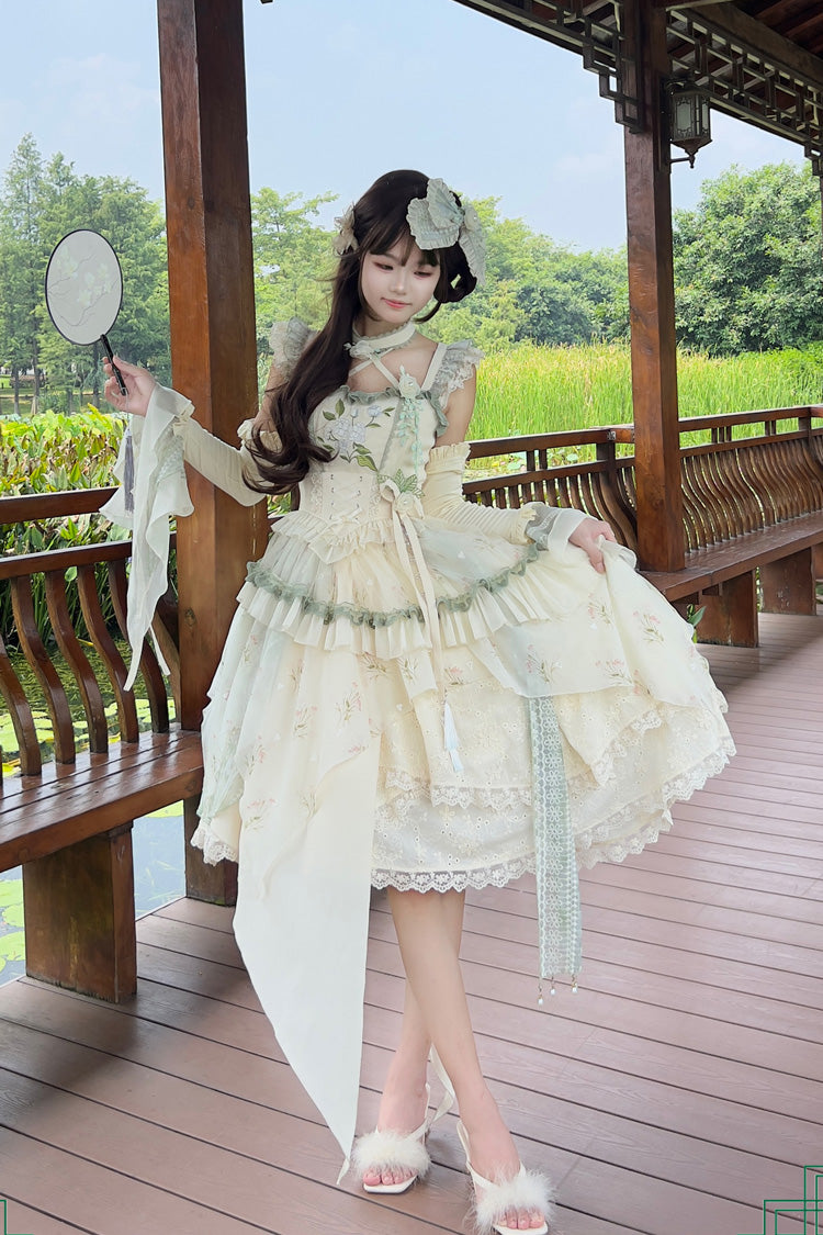 Apricot Print Ruffle Embroidery Bowknot Lace Sweet Chinese Style Lolita Jsk Dress Full Set
