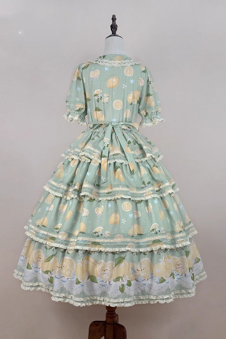 Green Lemon Chicken Short Sleeves Triple-Layered Print Ruffle Bowknot Lace Sweet Gorgeous Lolita Dress