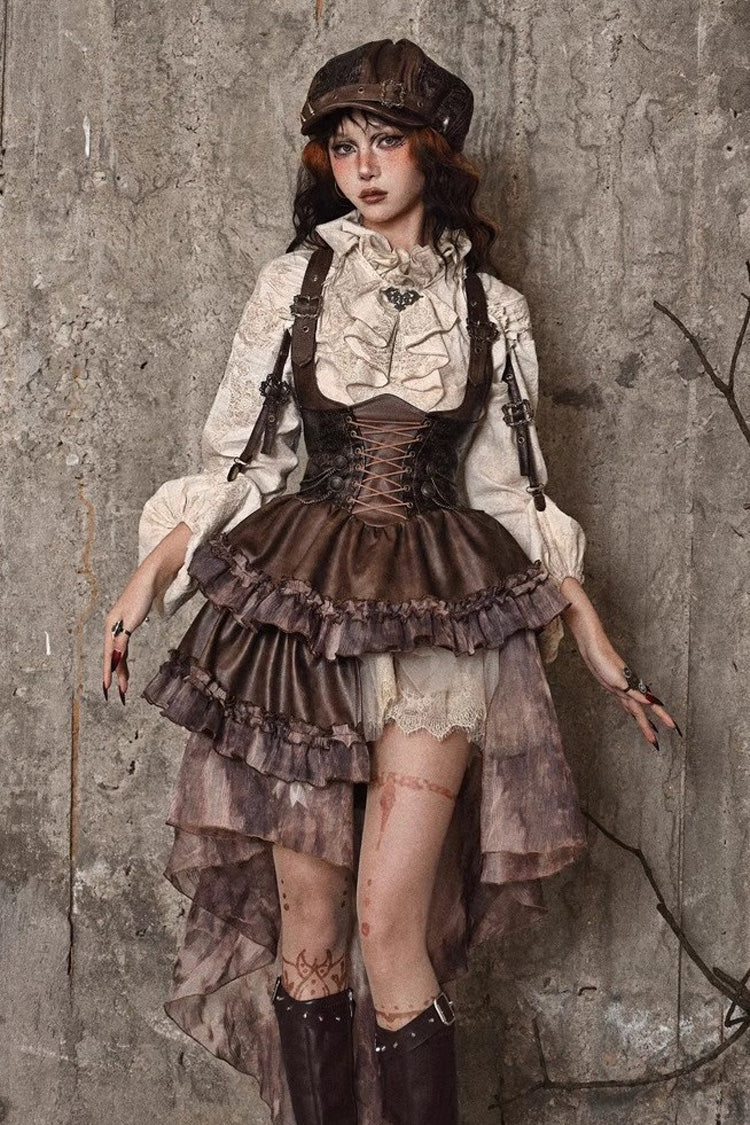 Brown Chest Straps Ruffle Irregular Detachable Tail Punk Lolita Dress