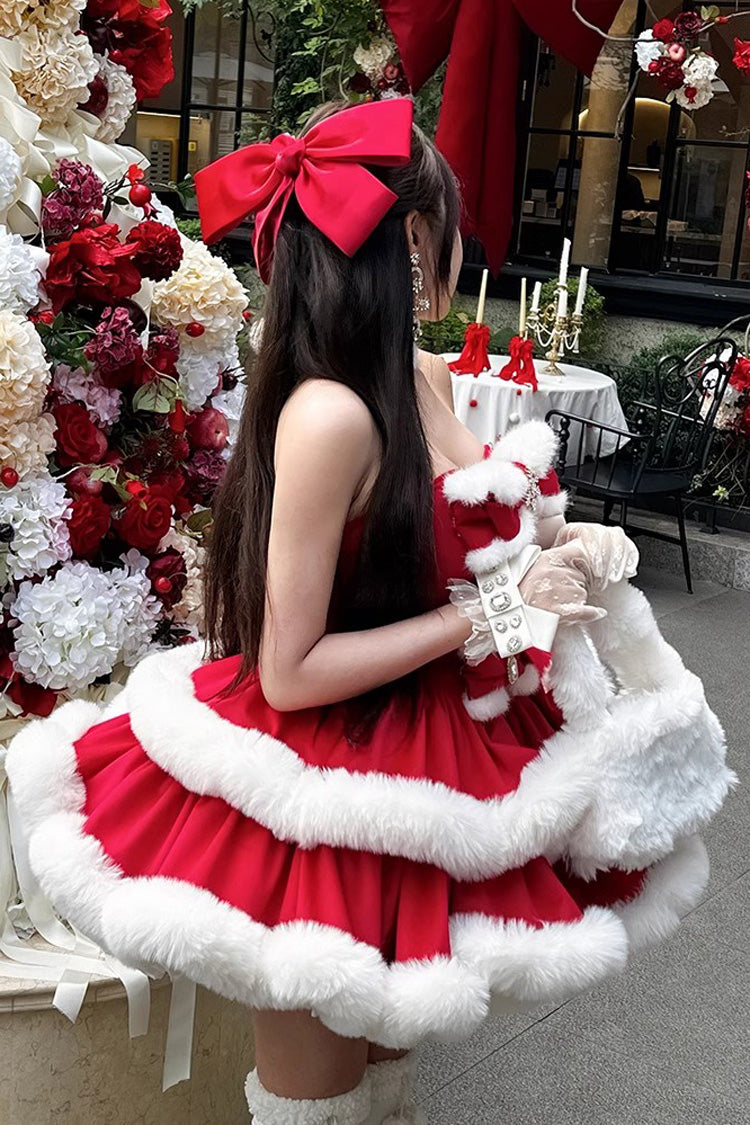 Red Holiday Double-Layered Bowknot Sweet Princess Lolita Strapless Dress