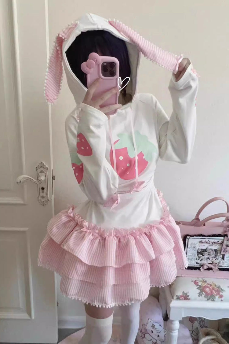 White/Pink Long Sleeves Triple-Layered Strawberry Print Hooded Sweet Lolita Dress