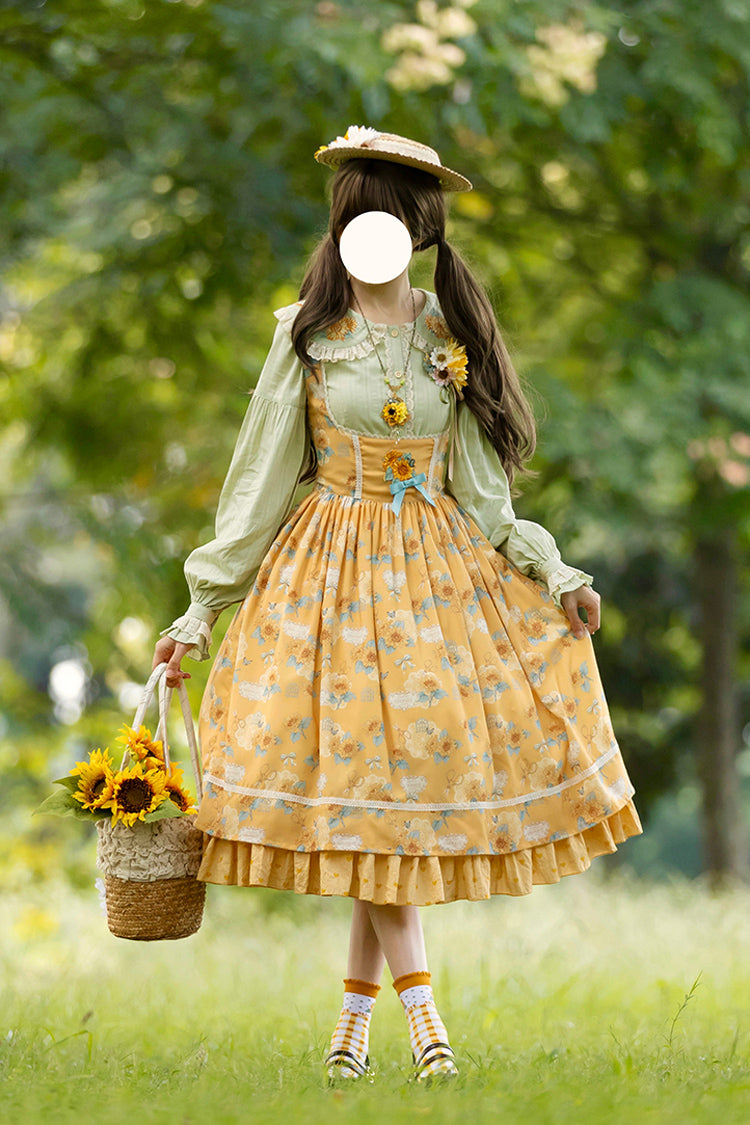 Yellow Gardening Sunflower Sleeveless Print Ruffle Bowknot Sweet Elegant Uplift Lolita Jsk Dress