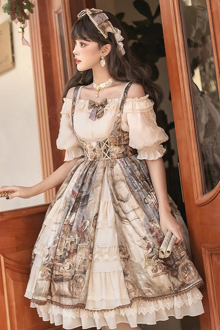 Brown Cloria Oil Painting Print Bowknot Lace Sweet Elegant Palace Lolita Jsk Dress
