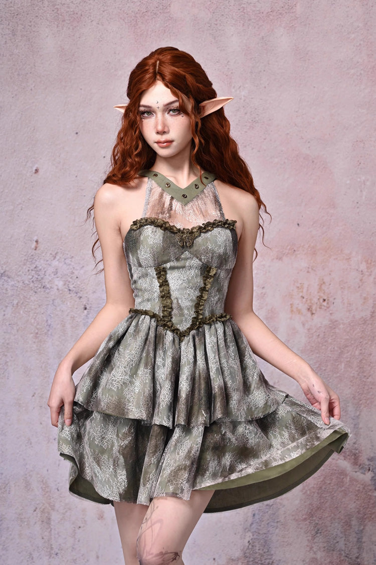 Light Green Halterneck Double-Layered Print Ruffle Lace Tie-dyed Vintage Jsk Dress