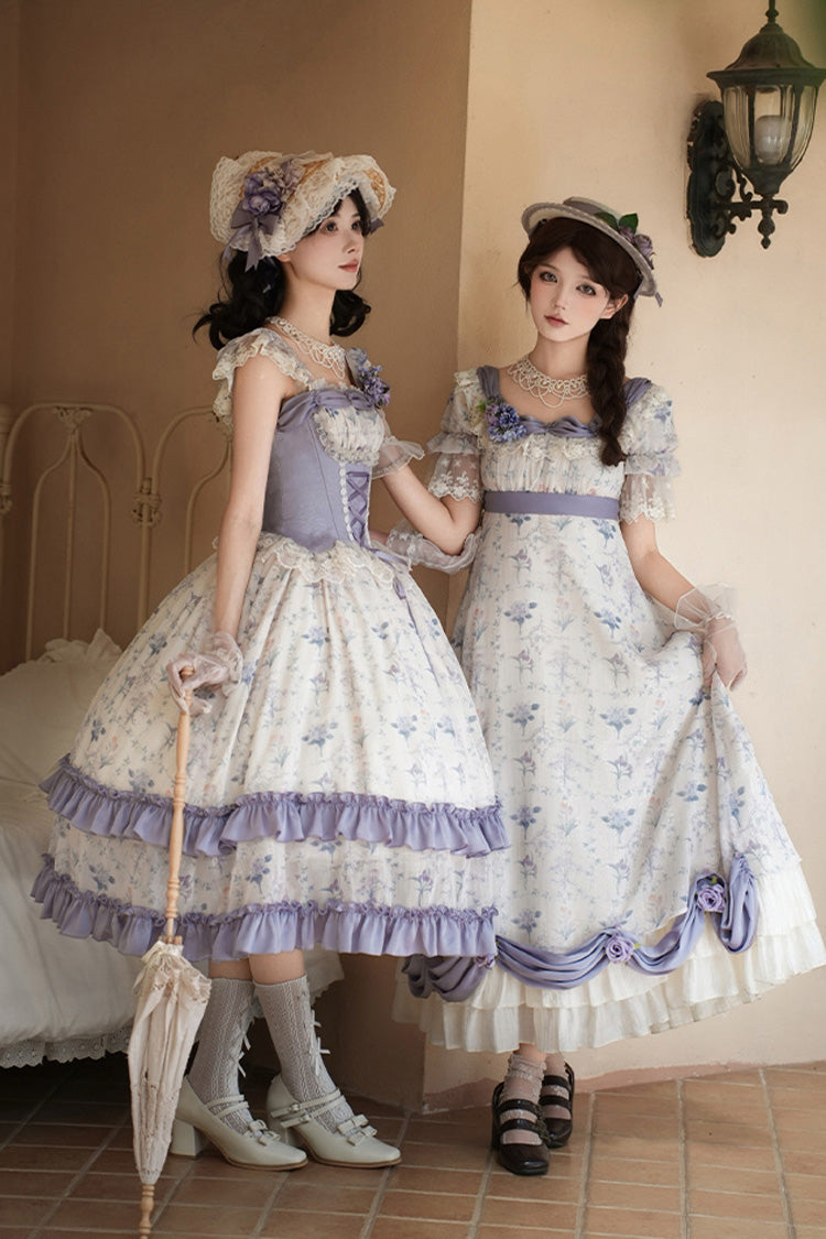 Purple/Ivory Iris Secrets Short Sleeves Double-Layered Print Ruffle Bowknot Lace-Up Sweet Lolita Dress