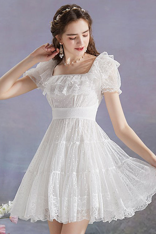 White Vintage Square Collar Ruffled Princess Short Sleeve Dot Print High Waisted Mesh Sweet Lolita Dress