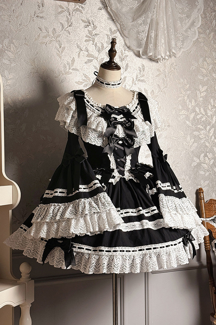 Black Rabbit Sleeping Doll Long Trumpet Sleeves Ruffle Bowknot Lace Sweet Lolita Dress