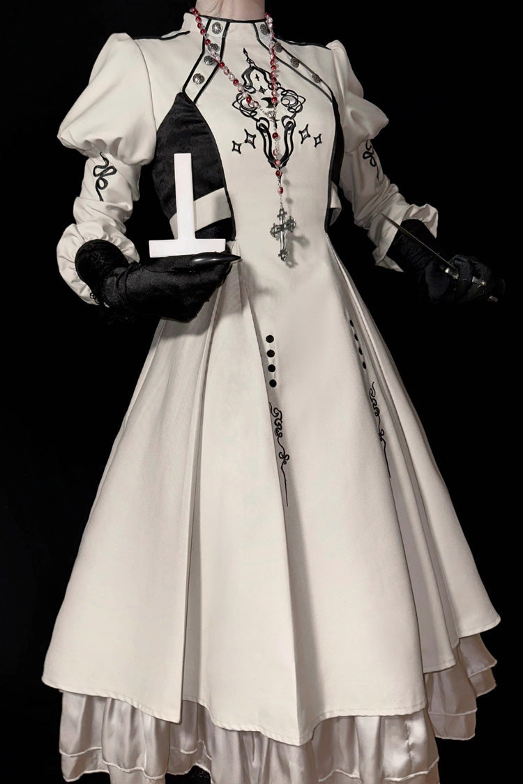 White Long Sleeves Multi-layer Moon Talisman Print Ruffle Gothic Lolita Dress