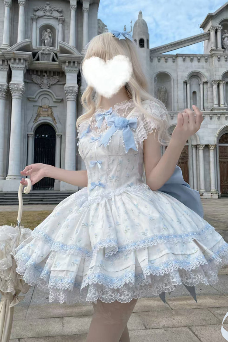 Blue First Love Rose Multi-Layered Print Ruffle Bowknot Lace Sweet Lolita Jsk Dress Set