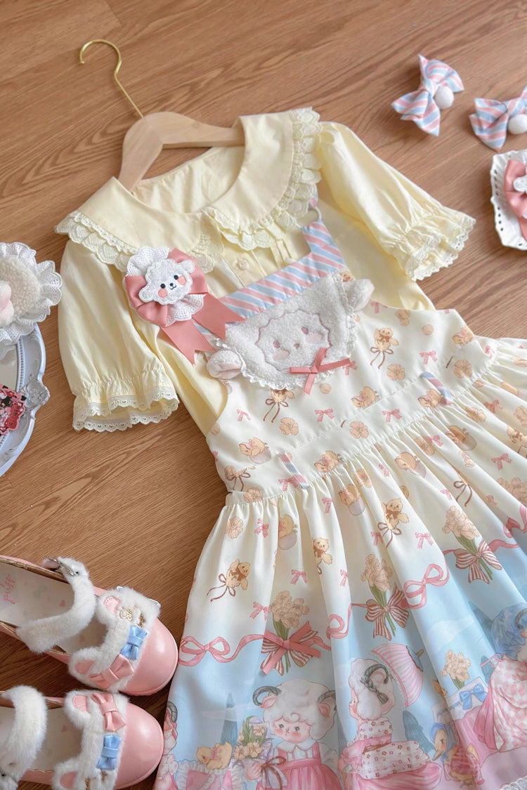 Blue/Pink Sheep Waltz Print Ruffle Bowknot Lace Sweet Lolita Strap Dress