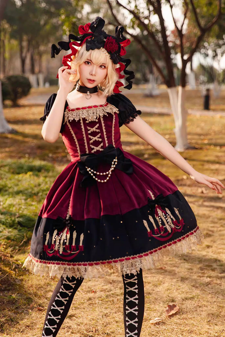 Chandelier Printed Sweet Short Sleeves Bow Lace-Up Pearl-Decorated Lolita Dress 4 Colors