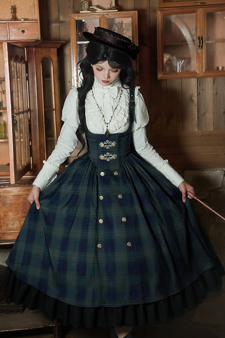 Blue/Green Berlin's letter Double-Layered Plaid Print Ruffle Bowknot Classic College Style Lolita Strap Dress Set 2 Versions