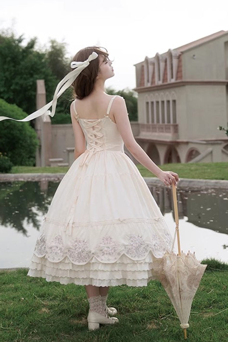 Apricot Fantasy Butterfly Triple-Layered Ruffle Embroidery Bowknot Lace Sweet Princess Lolita Jsk Dress